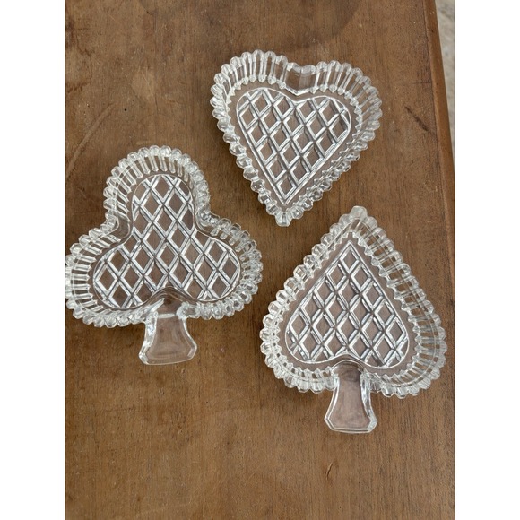 Other - Set Of 3 Poker Bridge Card Suit Crystal Glass Ashtrays Clear Spade Heart Club